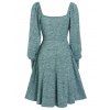 Vintage Knitted A Line Mini Dress Space Dye Puff Sleeve Square Collar Bow Dress - PEACOCK BLUE M