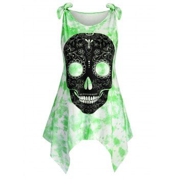 

Skull Tie Dye Tie Shoulder Halloween Plus Size Tank Top, Green