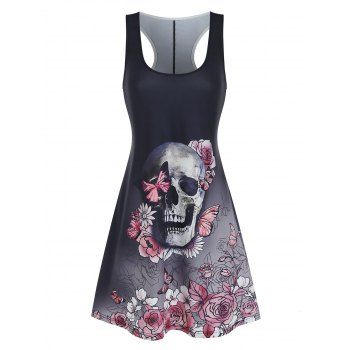 Image of Skull Butterfly Print Tied Back Gothic Sleeveless Dress