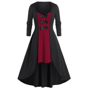 

Plus Size Bicolor Bowknot Dip Hem Long Sleeve Dress, Red wine