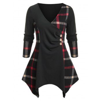 

Plus Size Plaid Hanky Hem Ruched Buttoned Tee, Black