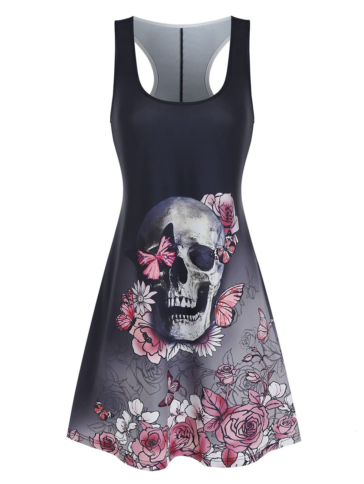 Skull Butterfly Print Tied Back Gothic Sleeveless Dress - BLACK M