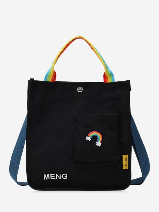 Sac à Bandoulière en Toile avec Poche Frontale Motif Arc-en-Ciel Graphique - Noir 