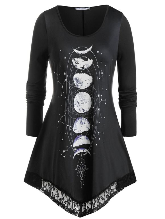 T-shirt Asymétrique Eclipse Lune à Manches Longues Grande Taille - Noir 5X