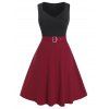Plus Size Two Tone Bicolor Eyelet Buckle A Line Dress - RED WINE L