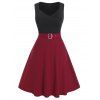 Robe Ligne A Bicolore Bouclée Grande Taille à Œillet - Rouge Vineux 2X