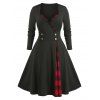 Robe Boutonnée à Carreaux Insérée à Manches Longues de Grande Taille - Noir 1X