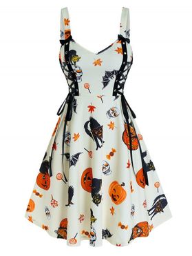 Halloween Pumpkin Print Lace Up Cami A Line Dress