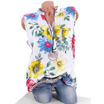 

Plus Size Half Button Floral Print Pocket Shirt, White