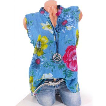 

Plus Size Half Button Floral Print Pocket Shirt, Light blue