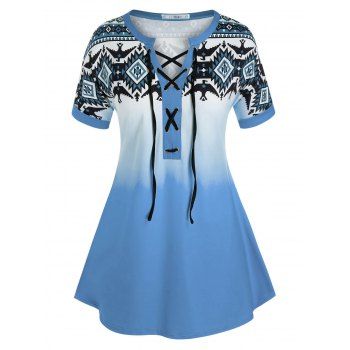 

Plus Size Lace-up Geometric Print Cuffed Sleeve Tee, Light blue