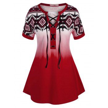 

Plus Size Lace-up Geometric Print Cuffed Sleeve Tee, Red