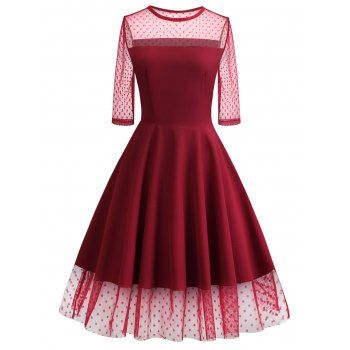 

Polka Dot Mesh Insert Prom Dress, Deep red