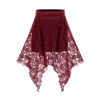 

Plus Size Lace Hanky Hem Cinched Tie Skirt, Firebrick