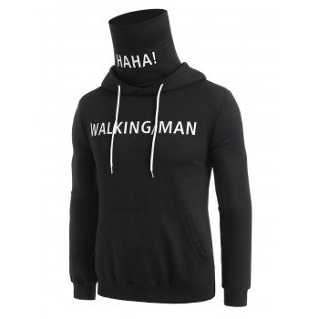 

Letter Print Double Collar Kangaroo Pocket Hoodie, Black