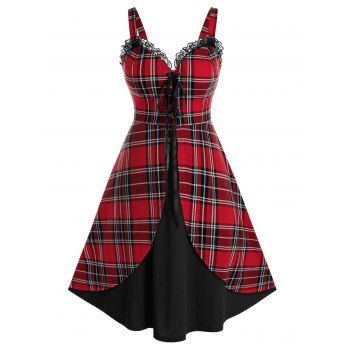 

Plus Size Plaid Overlap Lace-up Vintage Dress, Black