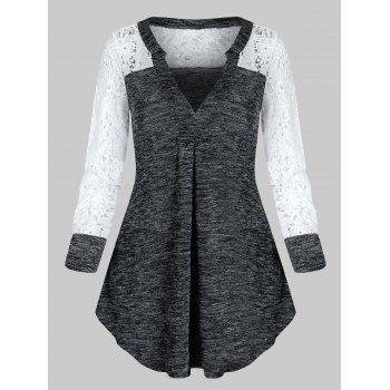 

V Neck Lace Sleeve Knitted Longline T Shirt, Dark slate grey