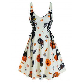 

Halloween Pumpkin Print Lace Up Cami A Line Dress, Warm white