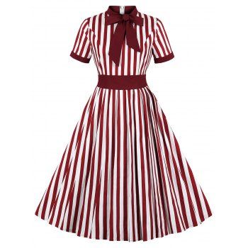 

Striped Print Tie Knot Vintage Flare Dress, Deep red
