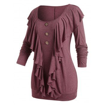 

Plus Size Flounce Buttons Tunic T-shirt, Red wine