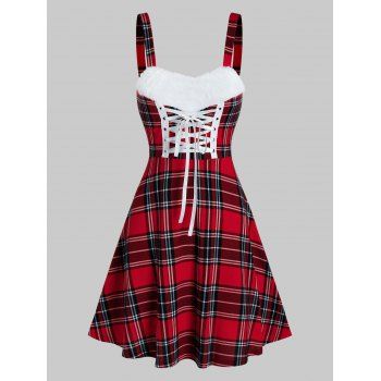 

Checked Faux Fur Insert Lace Up Mini Cami Dress, Red