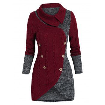 

Mock Button Cable Knit Contrast Sweater, Red wine