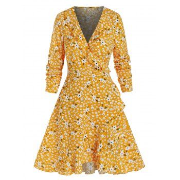 

Floral Print Flounced Wrap Dress, Golden brown