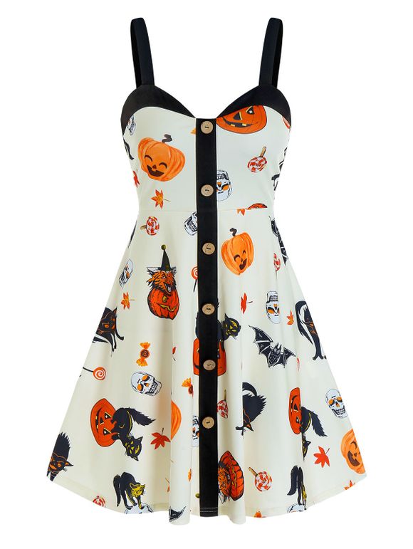 Robe d'Halloween Ligne A à Imprimé Citrouille avec Bouton - Blanc Chaud XL
