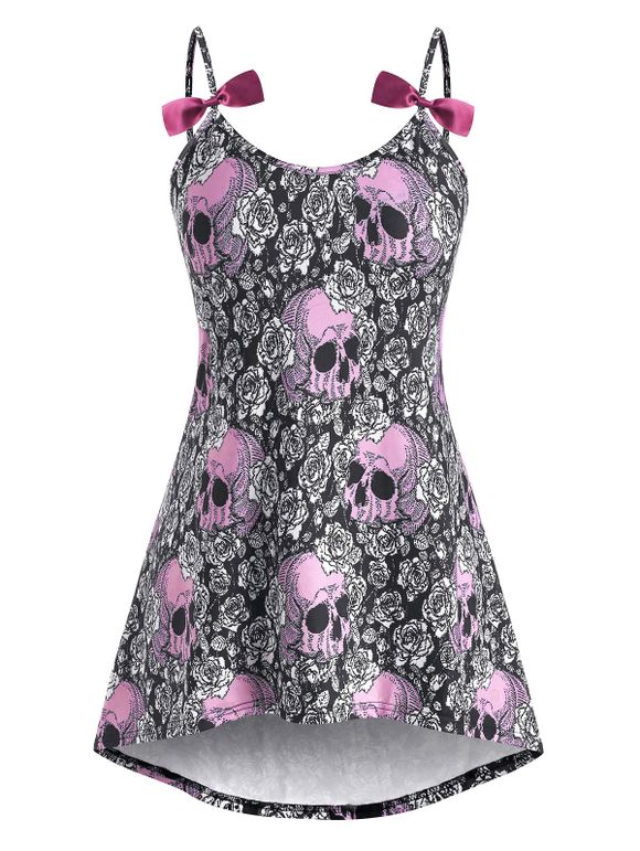 Haut d'Halloween à Bretelle Haut Bas Crâne et Nœud Papillon de Grande Taille - Rose clair 5X