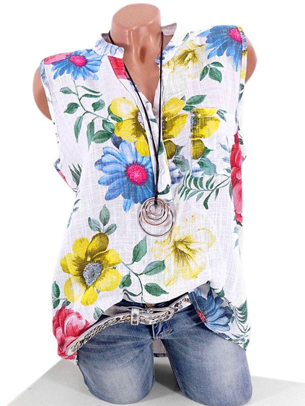 Chemise Fleurie Imprimée à Demi-Bouton avec Poche de Grande Taille - Blanc XL