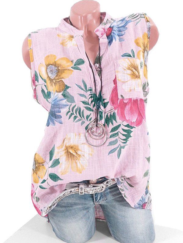Chemise Fleurie Imprimée à Demi-Bouton avec Poche de Grande Taille - Rose clair XL
