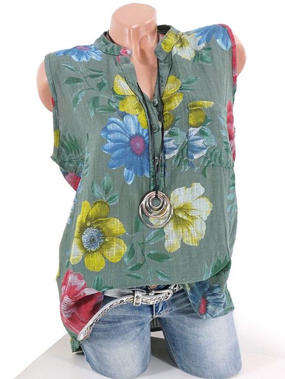 Chemise Fleurie Imprimée à Demi-Bouton avec Poche de Grande Taille - Vert profond XL