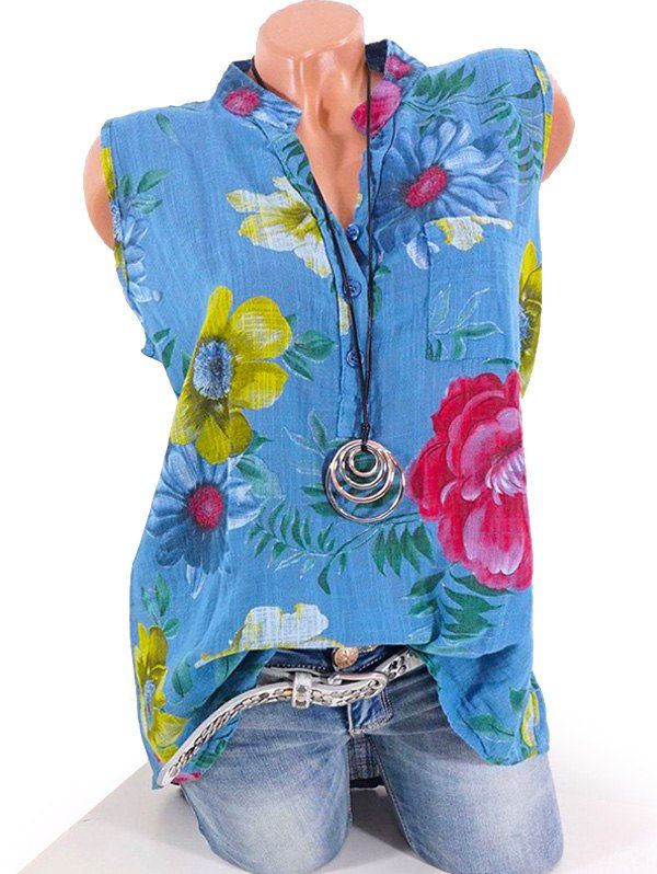 Chemise Fleurie Imprimée à Demi-Bouton avec Poche de Grande Taille - Bleu clair XL