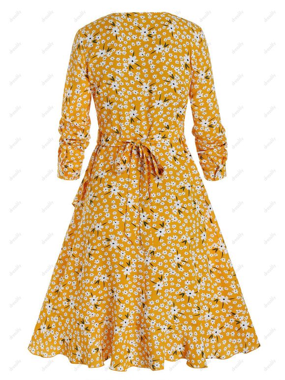 Robe Portefeuille Fleurie Imprimée à Volants - Brun Doré M