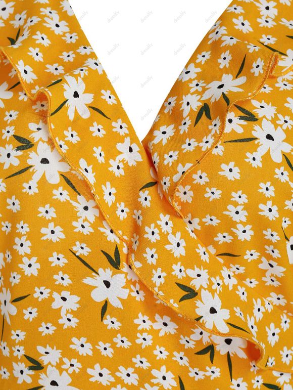 Robe Portefeuille Fleurie Imprimée à Volants - Brun Doré M