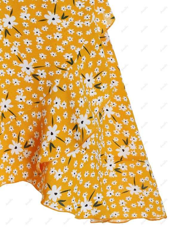 Robe Portefeuille Fleurie Imprimée à Volants - Brun Doré M