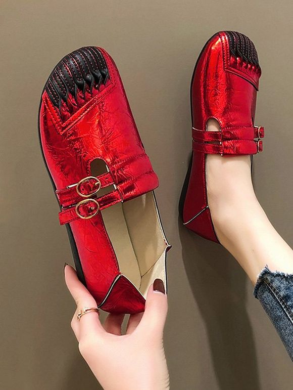 Chaussures Plates en Cuir à Double Boucles - Châtaigne Rouge EU 38