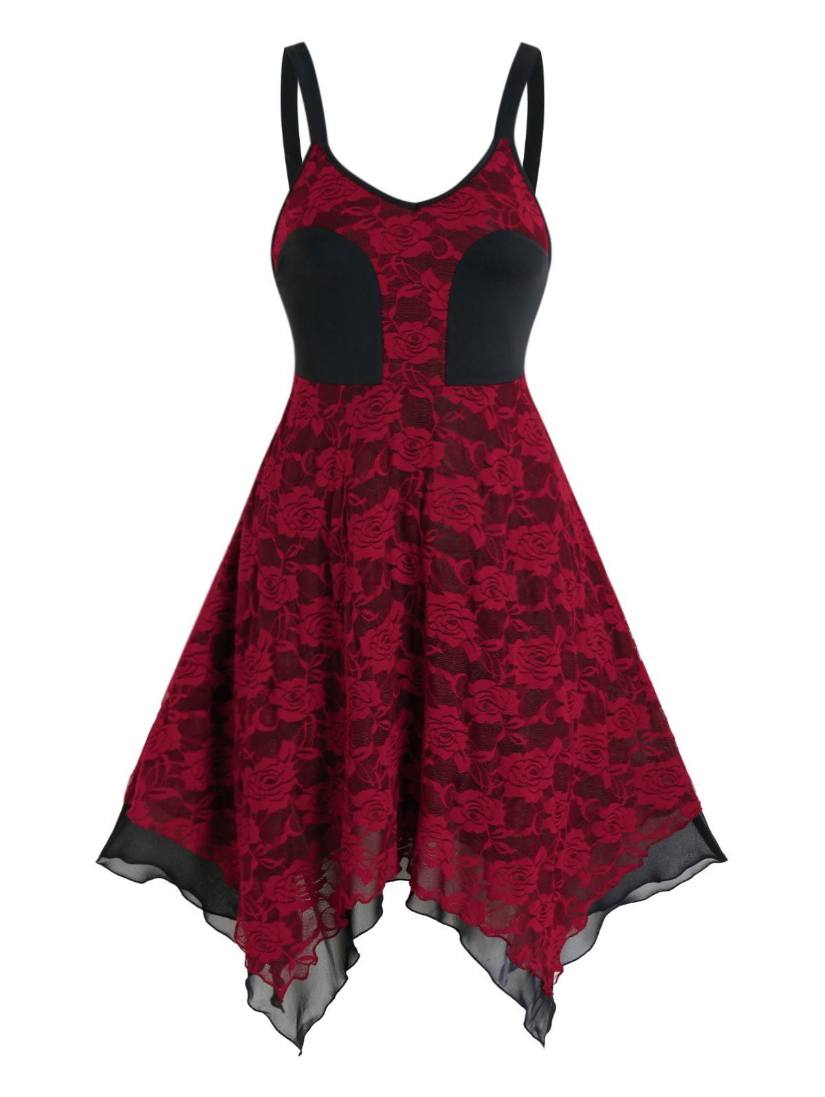 Two Tone Layered Asymmetrical Lace Cami Dress - RED XL