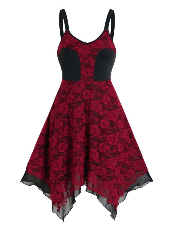 Two Tone Layered Asymmetrical Lace Cami Dress - RED M