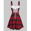 Mini Robe à Bretelle à Carreaux en Fausse Fourrure Insérée à Lacets - Rouge 2XL