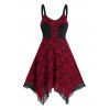 Robe Asymétrique Superposée Bicolore en Dentelle à Bretelle - Rouge L