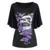 T-shirt d'Halloween Motif de Crâne de Grande Taille à Manches Bouffantes - Noir 5X