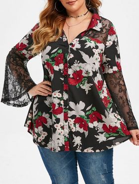 Plus Size Floral Print Bell Sleeve Shirt
