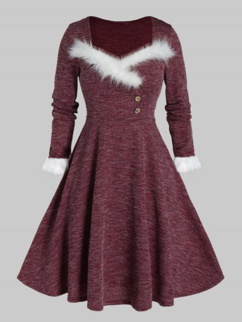 Plus Size Faux Fur Insert Buttoned Knitted Dress