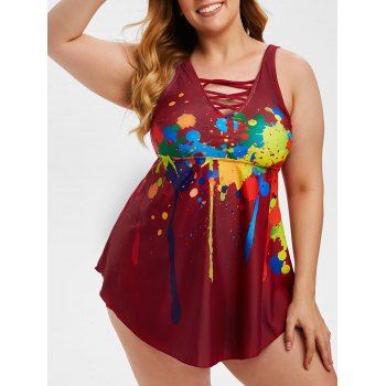 

Plus Size Splatter Paint Criss Cross Boxer Tankini Swimwear, Deep red