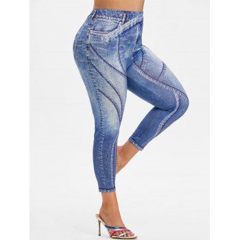 

Plus Size 3D Jean Printed Ninth Jeggings, Light blue