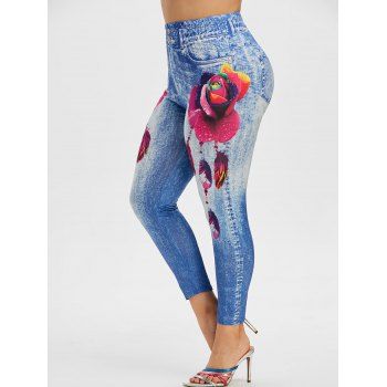 

Plus Size Rose Feather Print 3D Denim Jeggings, Light blue