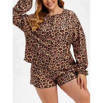 

Plus Size Leopard Henley Drop Shoulder Fleece Pajama Shorts Set, Coffee
