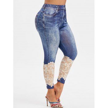 

Plus Size 3D Lace Print Faux Denim Leggings, Blue