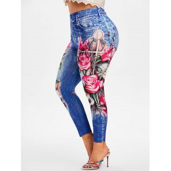 

Plus Size Skull Flower 3D Print High Rise Jeggings, Blue